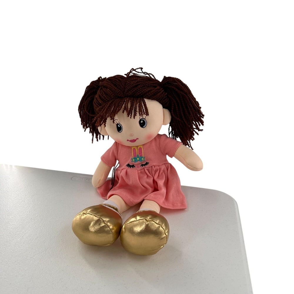 Linzy Toys Soft Plush Rag Doll Brown Yarn Hair Pink Dress & Gold Shoes 16 Inch